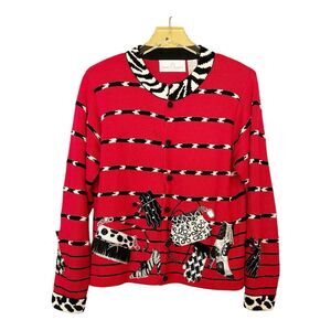 Janes Closet VTG Red Ramie Cardigan Shoes Handbags Gloves Zebra Print Sz M